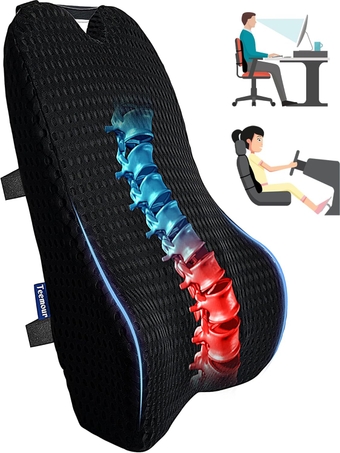 Lumbar Support Pillow for Car Office Chair, Reduces Back Pain Relief, Memory Foam, Adjustable Straps, Breathable Mesh Cover