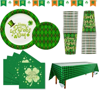 St Patrick’s Day Party Supplies Green Shamrocks Green Plaid Disposable Paper Plates, Napkins, Cups, Tablecloth and Banner for Green Irish Party Decorations Serve 30