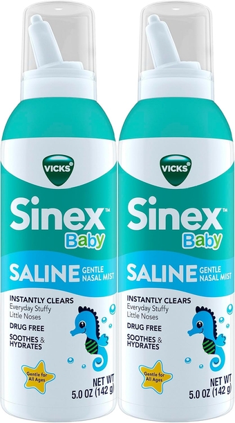 VICKS Sinex Baby Saline Nasal Spray, Drug Free Gentle Nasal Mist, Instantly Clears Everyday Stuffy Little Noses, Soothes & Hydrates, Safe For Daily Use, Gentle For All Ages, 5 OZ x 2