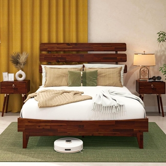 Caden 15 Inch Bed Frame with Adjustable Headboard - Mid Century, Retro Style with Acacia Wood - No Box Spring Needed - 12 Strong Wood Slat Support - Easy Assembly - Dark Chocolate, Queen