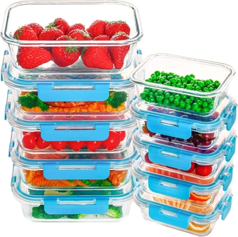 10 Pack Meal Prep Containers with Lids Glass Airtight Food Storage Containers Leak Proof Glass Lunch Containers (34oz & 12oz) - Blue