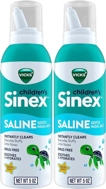 Sinex, Children's Saline Nasal Spray, Drug Free Ultra Fine Mist with Hint of Aloe, Ages 1+, Fast Everyday Stuffy Nose Relief for Kids, Clear Mucus from a Cold or Allergy, 5 OZ x 2