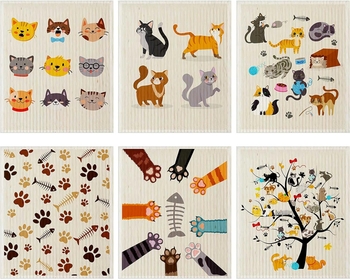 6 Pieces Cat Sweedish Dishcloth Dish Towels Durable Swedish Cleaning Cloths Absorbent and Fast Dry Kitchen Towels Cats Cleaning Cloths for Kitchen Bathroom Office Wedding Housewarming