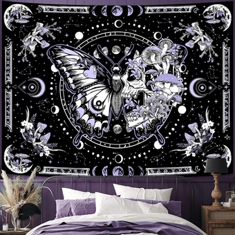 Skeleton Butterfly Tapestry Purple Skull Hippie Mushroom Plants Tapestry for Bedroom Moon phase Aesthetic Tapestries Wall Hanging for Living Room Dorm (44.00” x 60.00”, Purple)