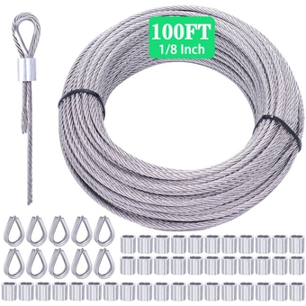 /100FT 1/8" Stainless Steel Wire Cable 7x7 Steel Wire Rope Construction with 40PCS Wire Rope Crimping Loop Sleeves and 10PCS Wire Rope Thimbles for Cable Railing, Decking, Picture Hanging N-045