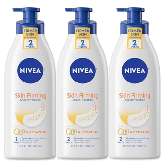 NIVEA Skin Firming Sheer Hydration Body Lotion with Q10 and Creatine, Skin Firming Lotion, Moisturizing Shea Butter Lotion, Multipack, 3-16.9 Fl Oz Pump Bottles