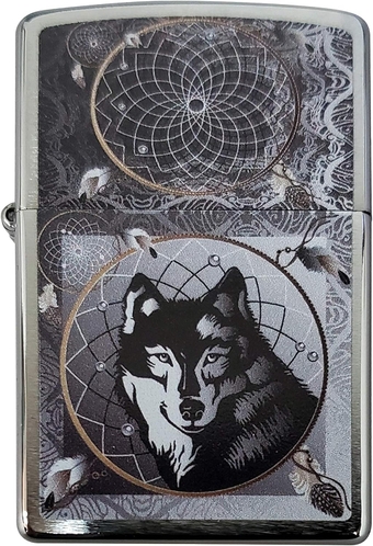 Custom Lighter - Native Dream Catcher Wolf - Regular Brush Chrome - Gifts for Him, for Her, for Husband, for Wife, for Them, for Men, for Women