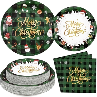 200 PCS Christmas Paper Plates and Napkins, Merry Christmas Disposable Dinnerware Set, Green and Black Plaid Paper Plates Christmas Party Supplies, Cute Cartoon Santa Snowman Plates Serves 50