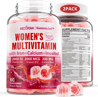 Sugar-Free Methylated Multivitamin for Women Gummies, Algae Calcium, Vitamin A, C, E, B12, D3 K2, Iron, Folate, Biotin, Inositol - Multi Vitamins & Minerals - Energy, Immune, Blood, Bone, Vegan 120Cts