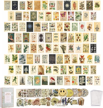 100 PCS Posters for Room Decor Aesthetic Vintage Botanical Illustration Tarot Aesthetic Pictures Wall Collage Kit, Trendy Small Poster for Dorm, Vintage Style Art Print Photo Collection