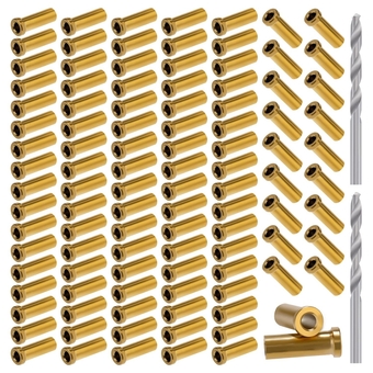 100 Pack T316 Sleeve Gold Steel Cable Railing Kit for 1/8" Wire Rope Railing Hardware, Stainless Steel Sleeve for Wood/Composite Posts with 2 Free Drill Bits, DIY Railing Kit HF037G