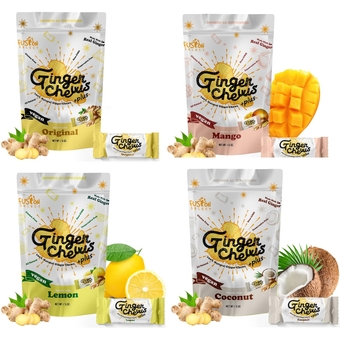 Ginger Chews - Sweet Soft Candied Delights From Indonesia - Promotes Relief From Morning Sickness, Upset Stomach - Made from Real Ginger Root, Non-GMO, Vegan Candy (4 Variety Flavors)