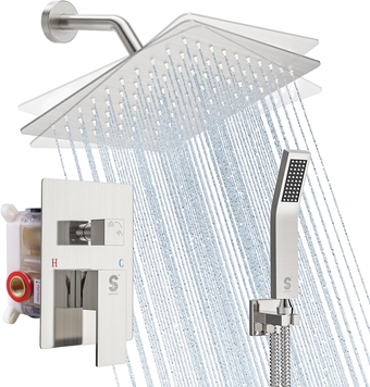 Shower Faucet Set - Shower Valve with 8 Inch Rainfall Shower Head and Handheld Shower - Wall Mounted Shower System with Rough In Valve and Shower Faucet Trim Repair Kits - Brushed Nickel