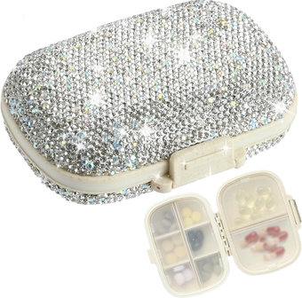 Bling Pill Case, Portable Travel Pill Box 8 Compartments Small Daily Weekly Pill Container for Purse Medicine Pill Organizer Hold Vitamin, Fish Oil Supplement (Colorful)