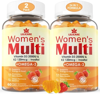 Sugar-Free Multivitamin for Women Gummies-Women's Multi Vitamins & Minerals with D3 + K2, Omega 3, Alage Calcium, Daily Multivitamins A, C, E, B12, Inositol for Energy, Mood, Bone, Hormore, 120 Cts