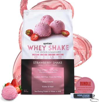 Bundle Whey Shake Strawberry Shake Native Grass-Fed Wholesome Denatured Whey Protein Concentrate with Glutamine Peptides 2 Pounds with Worldwide Nutrition Keychain