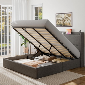 King Size Lift Up Storage Bed Frame with Charging Station, Geometric Upholstered Platform Bed Frame with Wingback, Wooden Slat Support, No Box Spring Needed, Noise-Free, Light Gray