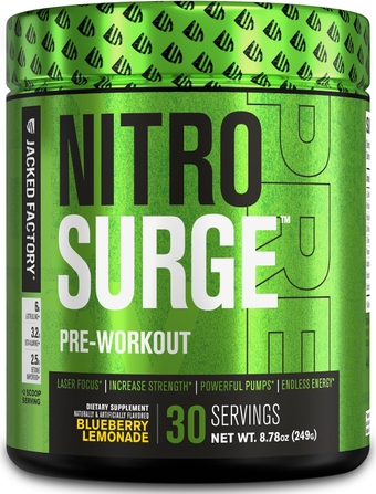 NITROSURGE Pre Workout Supplement - Endless Energy, Instant Strength Gains, Clear Focus, Intense Pumps - NO Booster, Powerful Preworkout Energy Powder - 30 Servings, Blueberry Lemonade