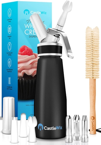 Whipped Cream Dispenser - Ultra Durable Leak-Free Grade 6 Aluminum Whipping Cream Dispenser - 6 Decorating Tips & 2 Cleaning Brushes - Pro Whipped Cream Maker - 500mL / 1 Pint Canister Cracker