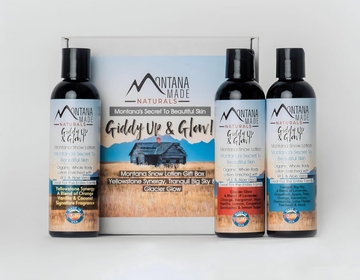 Montana Snow Lotion Gift Box - Organic Hydrating daily moisturizing lotion for dry skin, Shea body lotion, 100% natural non toxic body lotion, Vit E and aloe vera (3) 4oz bottles