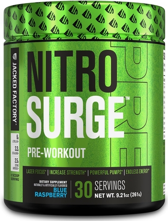 NITROSURGE Pre Workout Supplement - Energy Booster, Instant Strength Gains, Clear Focus & Intense Pumps - NO Booster & Powerful Preworkout Energy Powder - 30 Servings, Blue Raspberry