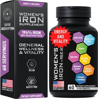 Vegan Iron Supplements for Women with Folic Acid - 168% Folate Folic Acid, 194% Ferrous Sulfate Blood Builder Iron Pills for Women with Anemia and Pregnant Women - 60 Gluten-Free Gentle Iron Tablets