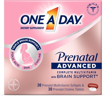One  Day Womens Prenatal dvanced Complete Multivitamin with Brain Support* with Choline, Folic cid, Omega-3 DH & Iron for Pre, During and Post Pregnancy, 30+30 Count (60 Count Total Set)