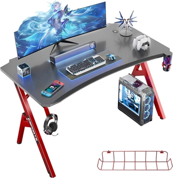 Gaming Desk, 47 Inch Gaming Computer Desk with Carbon Fiber Desktop, Large Y Shaped Gamer Desk with Cup Holder and Headphone Hook, 47.2'' Game Table for Gamer Room, Workstation, Bedroom, Red