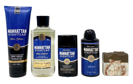 Bath & Body Works Men's Collection Manhattan Nightcap - Deluxe Gift Set - Body Cream, 3 in 1 Hair, Face & Body Wash, Deodorant and Body Spray With a Cabin Spice Soap.