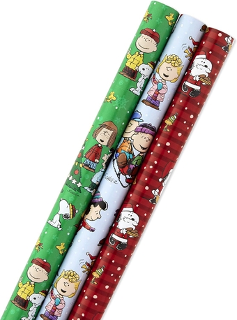 Christmas Peanuts Wrapping Paper with Cut Lines on Reverse (Pack of 3, 105 sq. ft. ttl) Snoopy, Charlie Brown, Woodstock (5JXW1036)