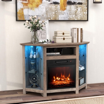 Corner Fireplace TV Stand with LED Lights for TVs up to 50”, Modern Entertainment Center with Electric Fireplace, Remote & Smart APP Control, TV Console with Adjustable Glass Shelves, Gray