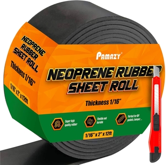 Neoprene Rubber Sheet Roll 1/16" Thick x 2" Wide x 12Ft Long (Including Utility Knife), Heavy Duty Rubber Seal Strips Roll for DIY Gaskets, Flooring, Seals, Protection, Pads, Crafts, Supports