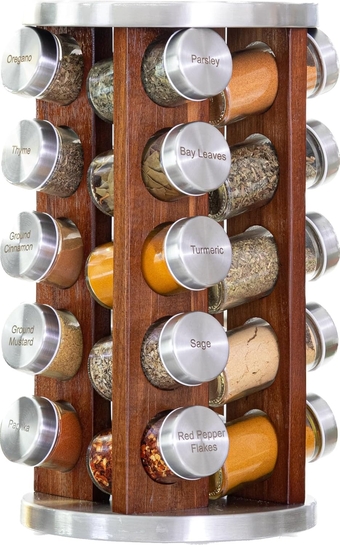 20 Jar Dark Acacia Wood Spice Rack with Spices Included - Rotating Tower Organizer for Kitchen Spices and Seasonings, Free Spice Refills for 5 Years (Dark Stained Acacia Wood)