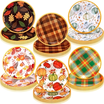 120 Pcs Thanksgiving Fall Paper Plates Leaves Plants Plaid Pumpkin Disposable Plates for Thanksgiving Dinnerware Fall Photo Props Decoration Holiday Dinner Tableware Supplies, 6 Styles (7 Inch)