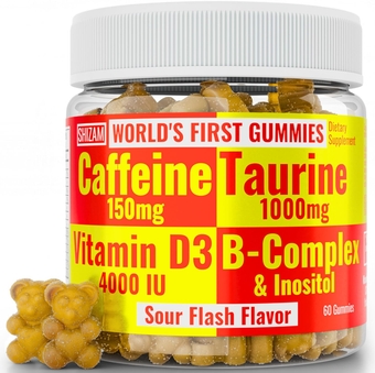 Taurine 1000mg Caffeine 150mg Energy Gummies w D-3 B-12 B Complex Inositol, Gel Gels Vitamins Vitamin Drinks Capsules Drink Shot Chews Pills Powder Alt, Running Runners Supplement Supplements