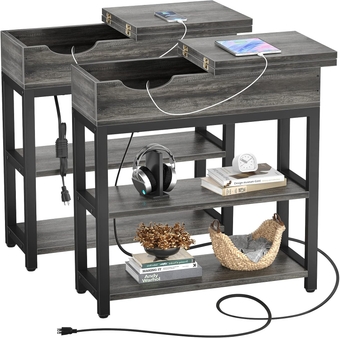 Sofa Side Table with USB Ports and Outlets, Narrow End Table Set of 2 with Charging Station, Bedside Nightstand with Storage Shelves, Slim Side Table，Black Oak