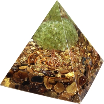Handmade Peridot Tree of Life Pyramid Desk Decor, Resin Tumbled Stones Crystal Pyramid Energy Generator for Meditation Balancing, Tiger's Eye Stone