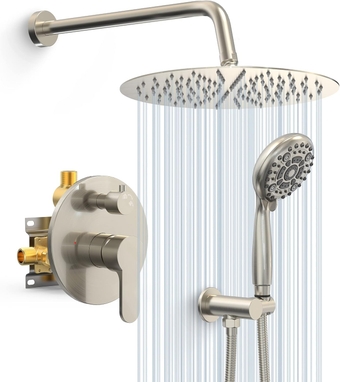 Shower System - 12 Inch High Pressure Shower Head System- 6 Setting Handheld Shower Head Fixtures- Valve Included Shower Faucet Set (Brushed Nickel)