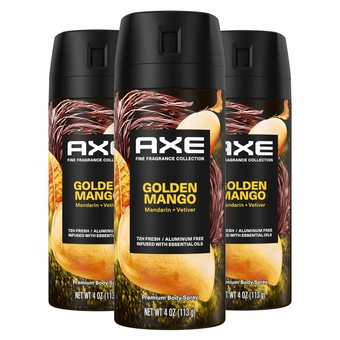 Fine Fragrance Collection Premium Deodorant Body Spray for Men Golden Mango 3 Count With 72H Odor Protection and Freshness Infused with Mango, Mandarin, and Vetiver Essential Oils 4 oz