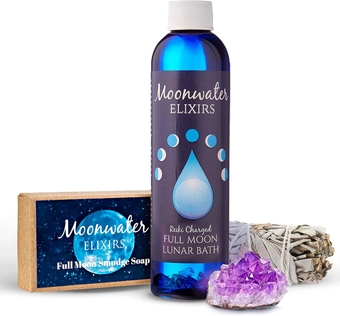 Aura Cleansing Lunar Bath Oil Smudge Kit with Reiki - Full Moon Elixir Energy Clearing, Spiritual Protection from Negative Energy, Positive Energy Ritual, Sacred Space Cleanse by