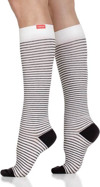 VIM & VIGR 30-40 mmHg Medical Grade Compression Socks for Women & Men (Cream & Black Pinstripe, Small/Medium Wide Calf (4))