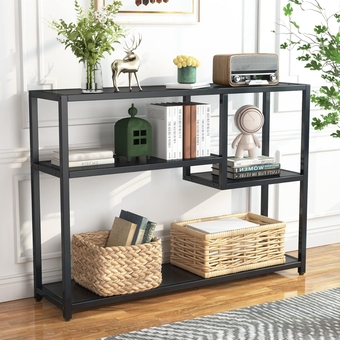 Console Table, Small Black Entryway Table with Storage Shelves, 43 Inch Vintage Entrance Table Behind Couch Table for Living Room, Entryway, Hallway, Foyer, TV Stand
