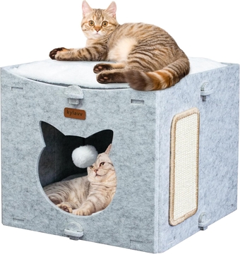 Cat Bed for Indoor Cats Cube House, Covered Cat Cave Beds & Furniture with Reversible Cushions, Enclosed Kitty Hideaway Tent with Durable Scratching Board and Dangling Toy Ball（Light Gray）