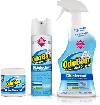 Multipurpose Cleaner Disinfectant and Harsh Smell Eliminator Fabric/Air Freshener Pack: Ready-to-Use 360-Degree Continuous Spray, Trigger Spray, Solid Smell Absorber, Fresh Linen Scent