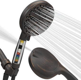 10-Mode Filtered Shower Head with Hose - 5" High Pressure Shower Heads with Filter - Handheld Shower Head Filter with Built-In Power Jet, Stainless 6ft Hose and Bracket (Oil-Rubbed Bronze)
