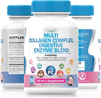 Advanced Grass Fed Multi Collagen Complex with Collagen Types I, II, III, V, & X Digestive Enzyme Blend Non-GMO 150 Capsules Made in USA