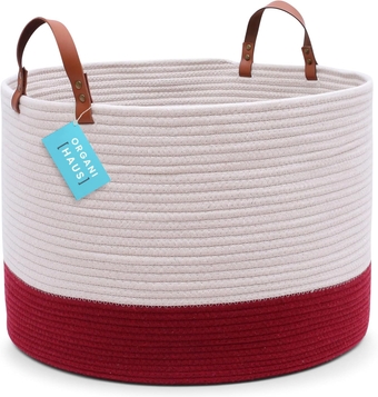 Red Cotton Rope Baskets for Organizing 20x13 | Extra Large Blanket Basket for Living Room | Toy Storage Baskets | Woven Laundry Baskets w/Leather Handles | Big Round Basket for Blankets
