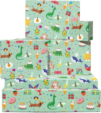 Birthday Boy Wrapping Paper - Girls Birthday Wrapping Paper - 6 Sheets Green Gift Wrap - Happy Birthday Wrapping Paper - Party Balloons Presents - Comes With Stickers