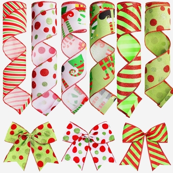 Christmas Ribbon Wired 2.5 Inch,6 Roll 30Yards Christmas Wired Ribbon,Multi Dots Swirl Diagonal Stripe Elf Hats and Legs for Home Party Bows Decor for Xmas Tree Wreath Gift Wrapping DIY Crafts