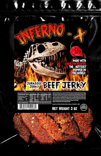 INFERNO X Carolina Reaper Beef Jerky – With Jurassic jerky’s special Blend of spices and the famous Carolina Reaper Pepper, the World’s Hottest Pepper! Amazing taste, MSG-free, no preservatives meat snack. Can You Handle The HEAT? (3 OZ bag)